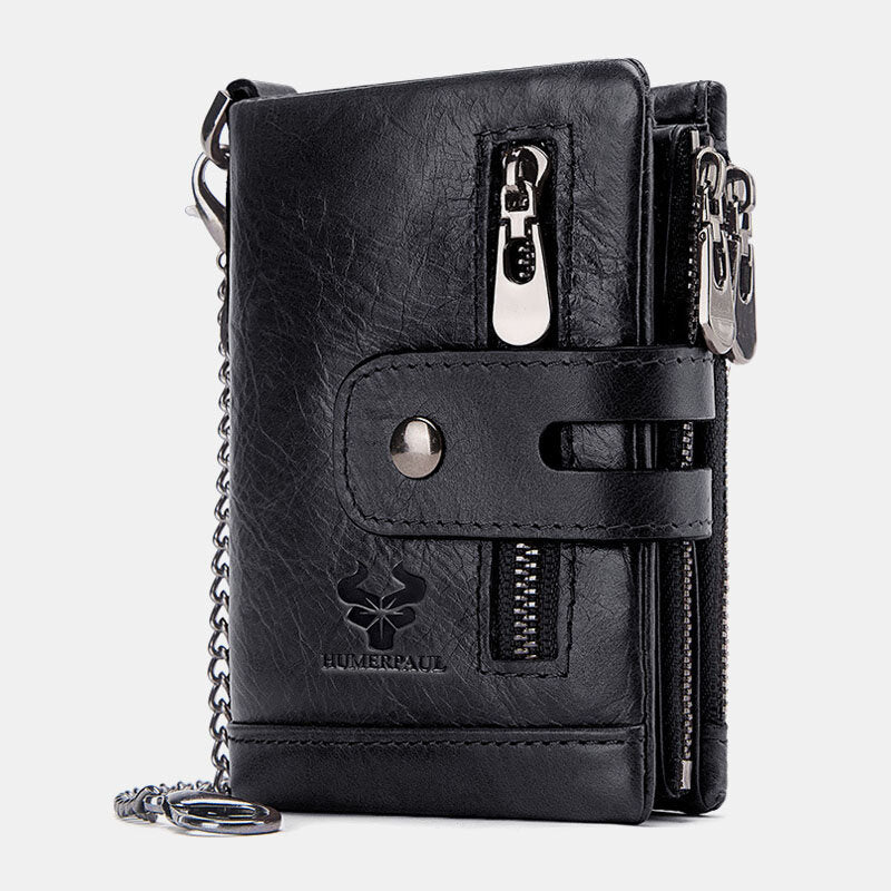 Men Genuine Leather RFID Anti-scanning Anti-Theft Zipper Wallet With Chain