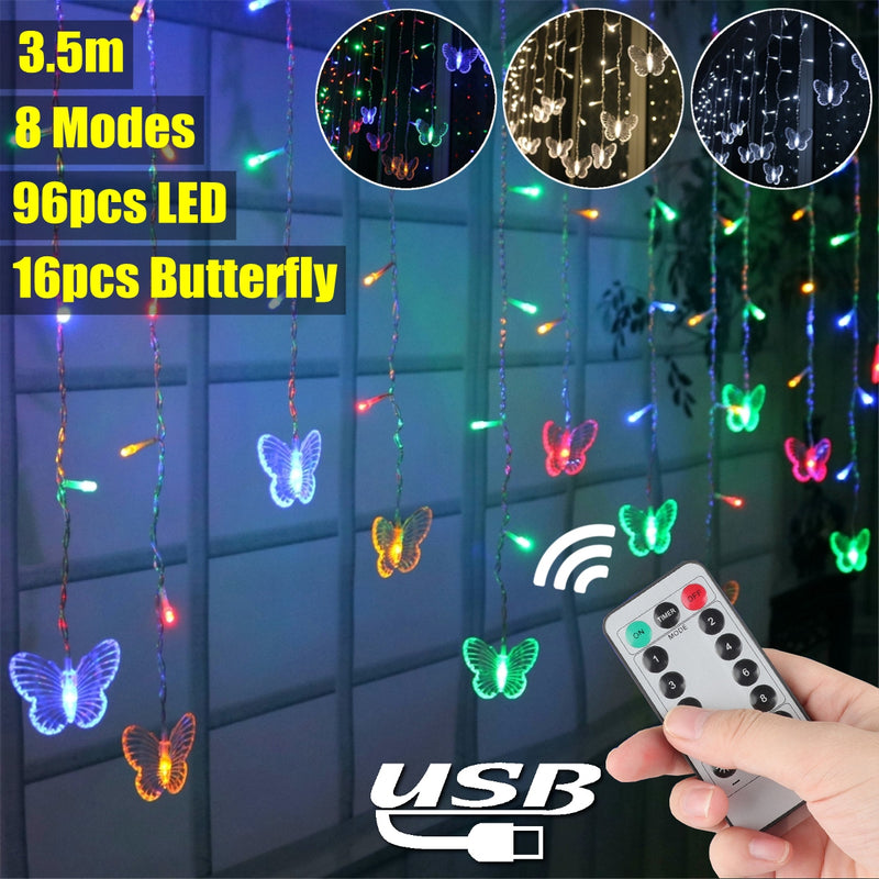 96 LED Butterfly Curtain Lights 8 Modes Fairy Lights String with Remote IP44 Waterproof USB Plug in Twinkle Light for Wedding Party Bedroom Indoor Outdoor Christmas Garden Decorations