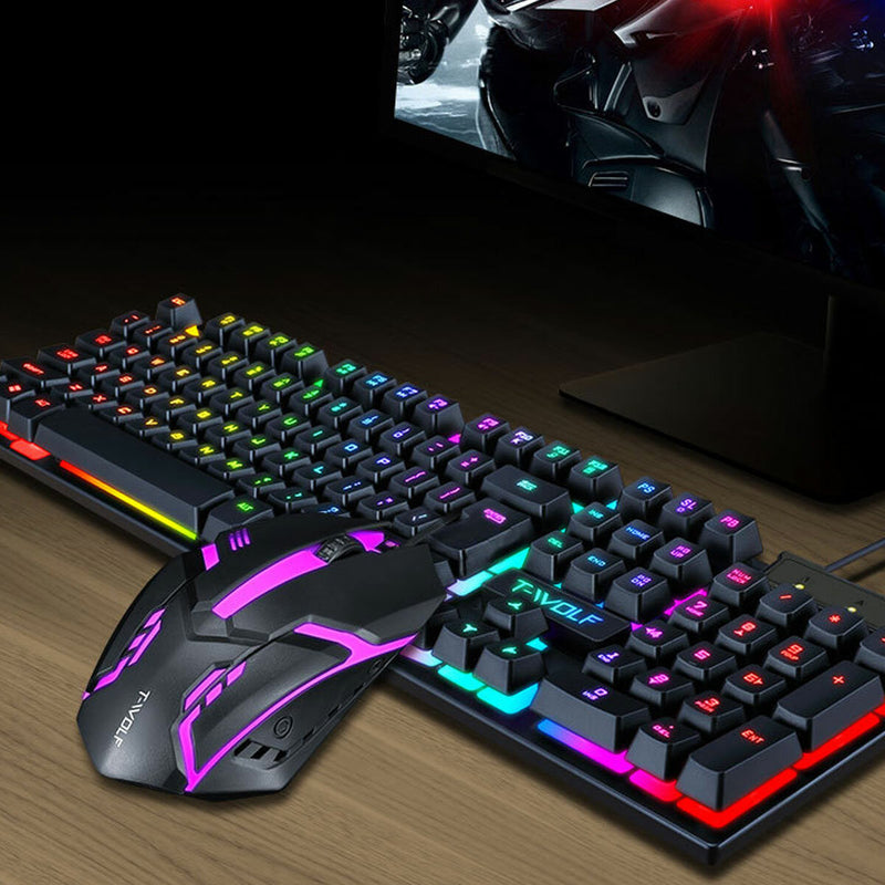 T-Wolf TF200 Gaming Combo Kit 104 Keys Rainbow Backlit Keyboard Adjustable 1600DPI Mouse