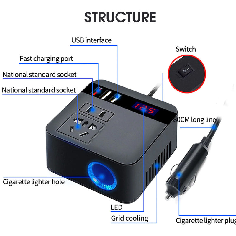 Car Inverter 150W 12V/24V To 220V Power Supply Inverter Adapter with QC 3.0 USB Charger Fast Charging Black