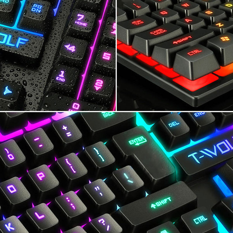 T-Wolf TF200 Gaming Combo Kit 104 Keys Rainbow Backlit Keyboard Adjustable 1600DPI Mouse