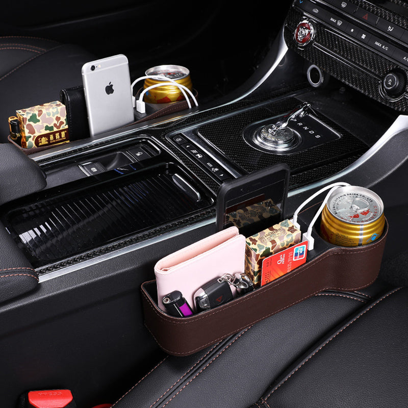 Car Seat Gap Storage Box Multifunction USB Charging Leather Car Water Cup Phone Holder