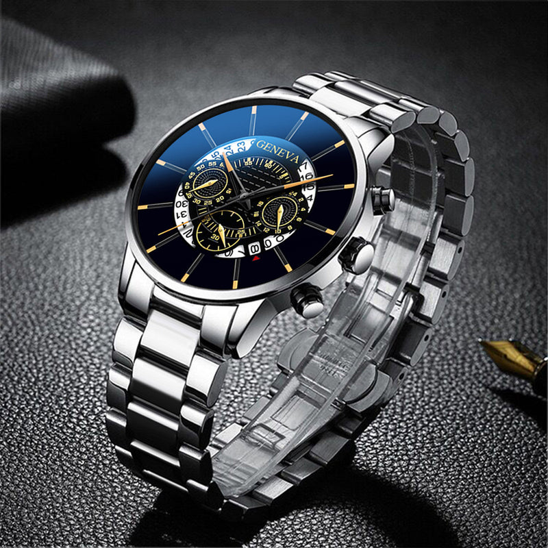 Decorated Pointer Business Style Men Watch Calendar Stainless Steel Band Quartz Watch