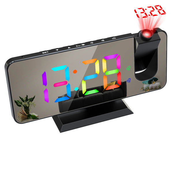 LED Mirror Alarm Clock RGB Colorful Display Dual Alarm Setting Auto Brightness Snooze Mode 180 Rotating Projection