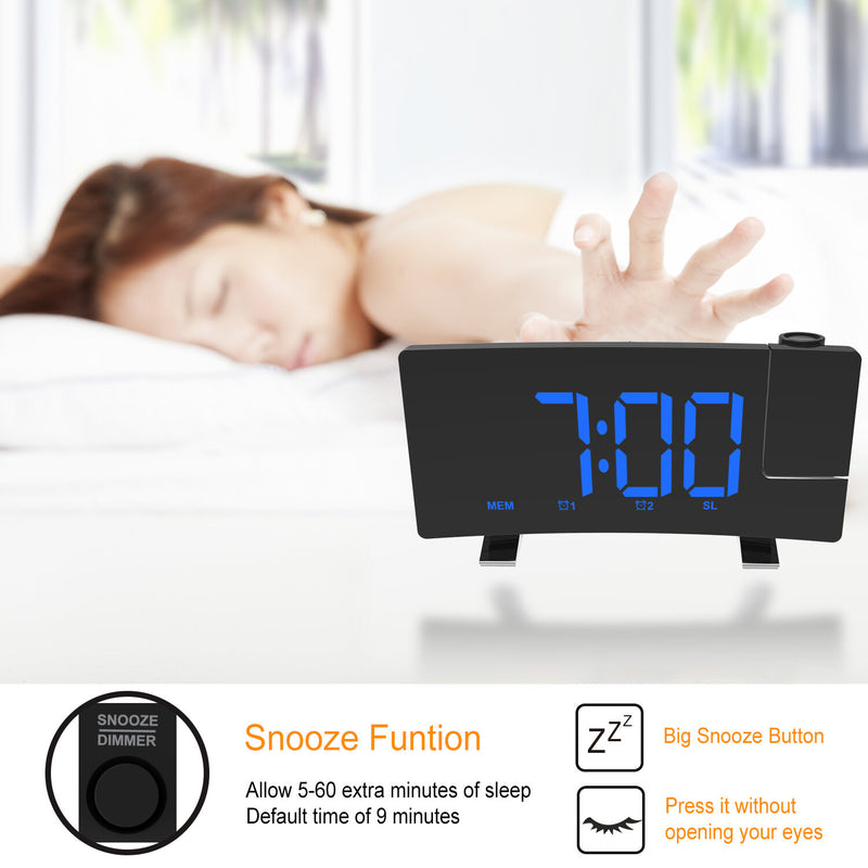 Rechargeable Mirror Digital Alarm Clock LED Curved Screen Support FM Radio Memory Function 180 Rotating Projection