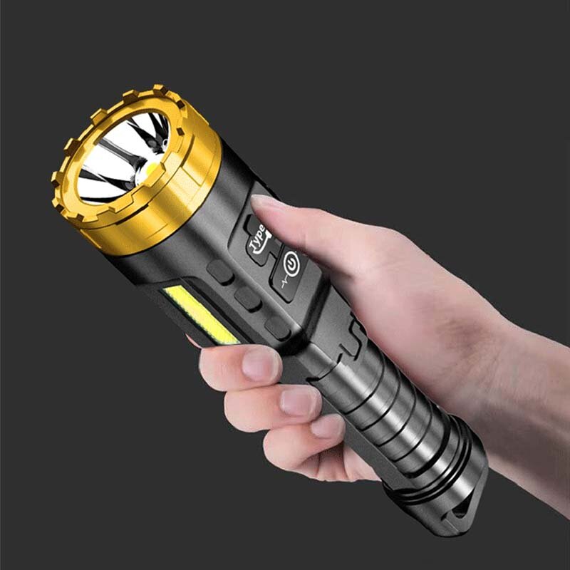 XANES 885 LED+COB 500m Long Range Strong ABS Housing Flashlight With COB Side Light Type-C USB Rechargeable Portable LED Torch Lamp Powerful Spotlight