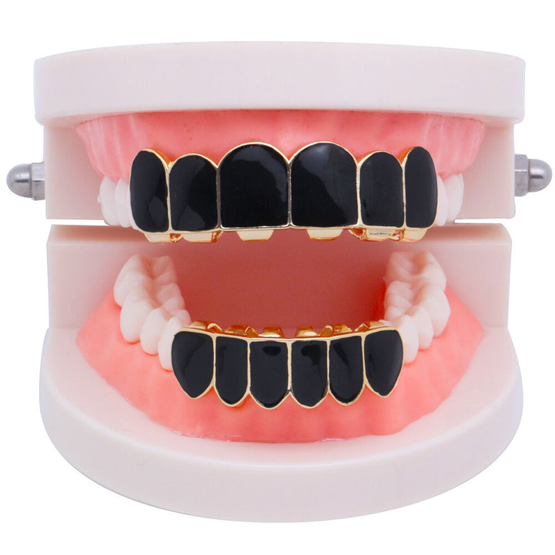 Punk Black Matte Braces Hiphop Grillz Gold Plated Dentures Set Teeth Jewelry