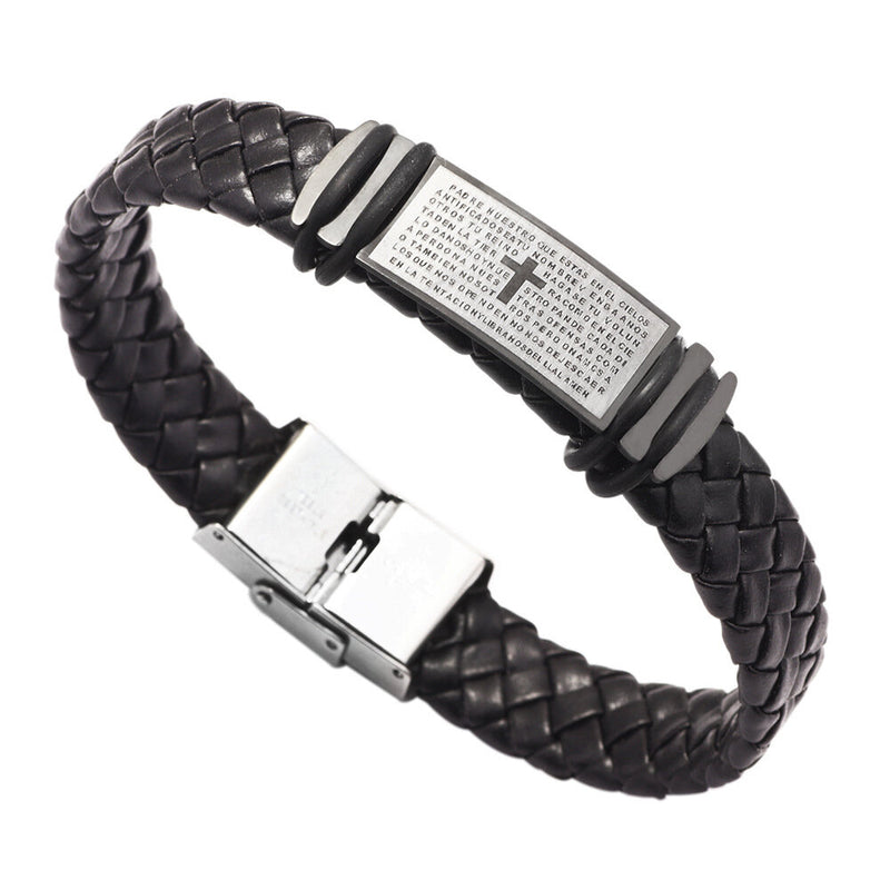 1 PC Men Fashion Casual Faux Leather Stainless Steel Cross Braided Bracelet