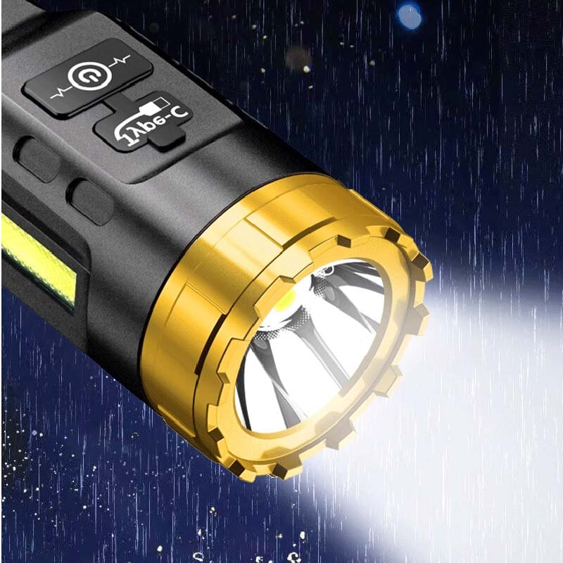 XANES 885 LED+COB 500m Long Range Strong ABS Housing Flashlight With COB Side Light Type-C USB Rechargeable Portable LED Torch Lamp Powerful Spotlight