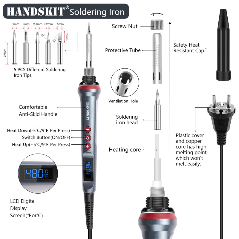 Handskit 90W 927 LED Digital Soldering Iron Kit 110V/220V Adjust Temperature Electrical Soldering Iron 4 Wire Core Welding Tools