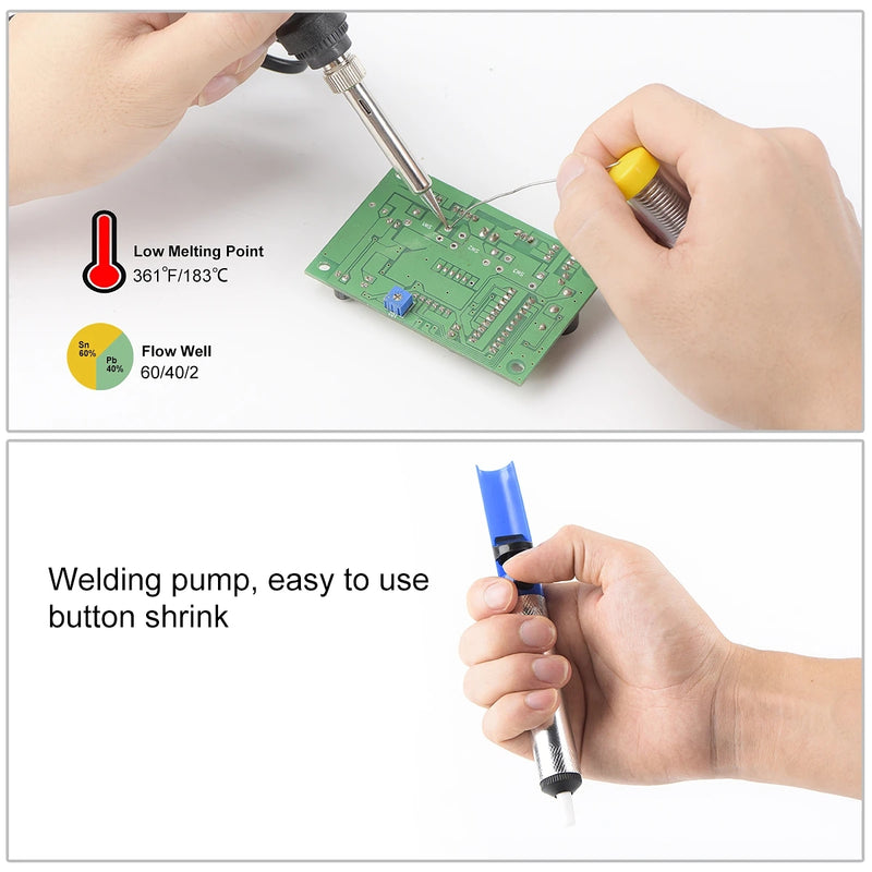 14 Pieces Soldering Iron Kit 60W Adjustable Temperature Welding Soldering Iron 5pcs Soldering Tips Solder Sucker Desoldering Wick Solder Wire Anti-static Tweezers Iron Stand Cleaning Sponge Tool Box