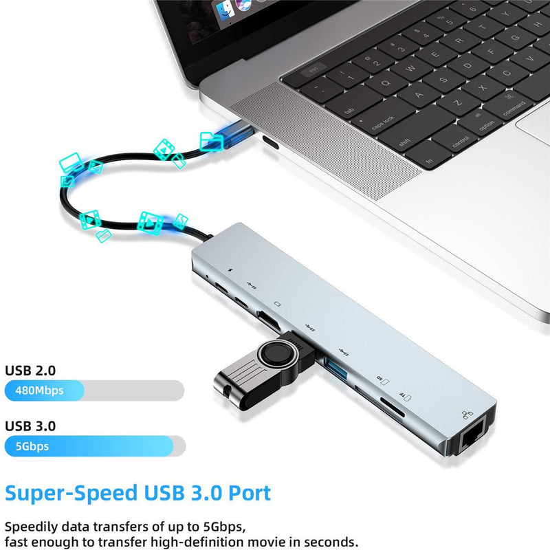 Bakeey 8-in-1 USB-C Hub Docking Station Adapter With 4K HDMI HD Display / 87W USB-C PD3.0 Power Delivery / USB-C Data Transmission / 2 * USB 3.0 / RJ45 Gigabit Ethernet / Memory Card Readers