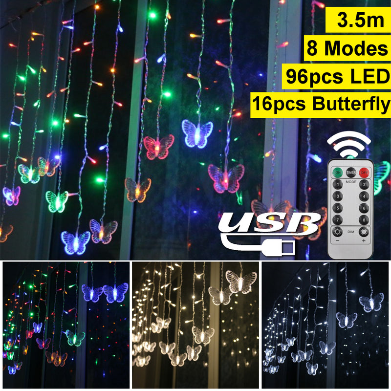 96 LED Butterfly Curtain Lights 8 Modes Fairy Lights String with Remote IP44 Waterproof USB Plug in Twinkle Light for Wedding Party Bedroom Indoor Outdoor Christmas Garden Decorations