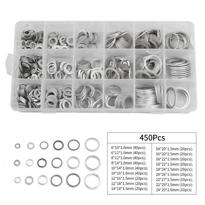 450Pcs Aluminum Sealing Solid Gaskets Washers Assorted Flat Metal O Rings Set for Oil Drain Plug Gasket Sump Plug