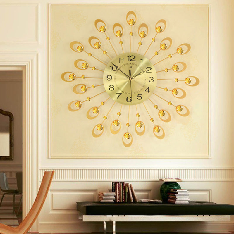 21.3'' Luxury Peacock Estink Metal Diamonds Decorative Wall Clock Living Room