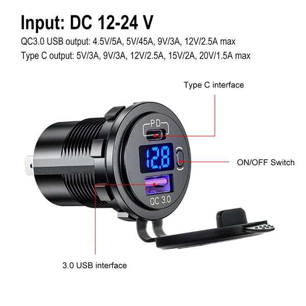 12-24V 48W Dual USB Car Charger Socket PD3.0&QC3.0 with LED Voltmeter ON/Off Switch Fast Charge Bus Trailer Boats