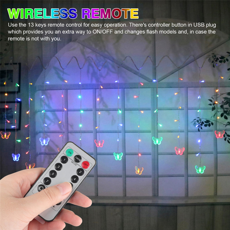 96 LED Butterfly Curtain Lights 8 Modes Fairy Lights String with Remote IP44 Waterproof USB Plug in Twinkle Light for Wedding Party Bedroom Indoor Outdoor Christmas Garden Decorations