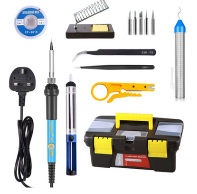 14 Pieces Soldering Iron Kit 60W Adjustable Temperature Welding Soldering Iron 5pcs Soldering Tips Solder Sucker Desoldering Wick Solder Wire Anti-static Tweezers Iron Stand Cleaning Sponge Tool Box