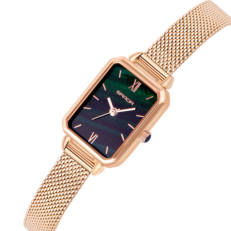 SANDA P1049 Green Gradient Dial Black Starry Sky Mesh Leather Strap Fashion Ladies Dress Quartz Watch