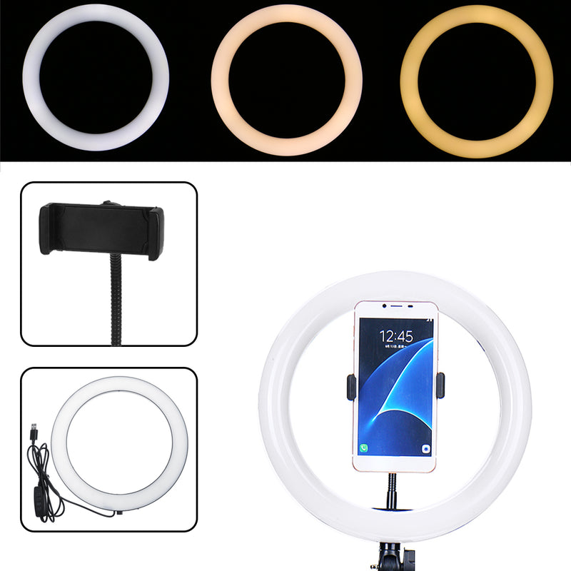 26cm Portable Stepless Adjustable LED Ring Full Light Makeup Mirror Light Photography Lighting Selfie Ring Lamp with Phone Holder