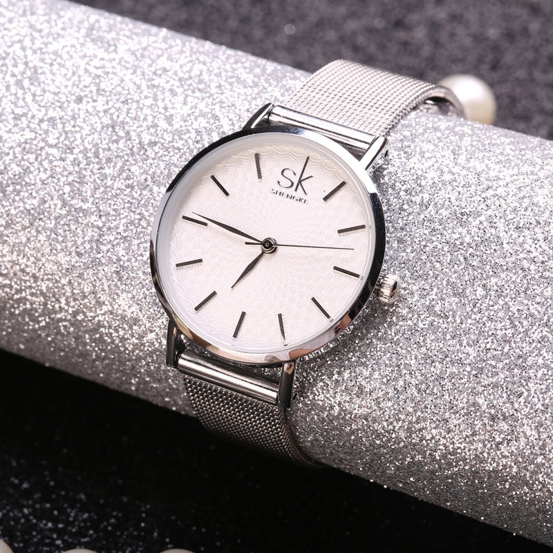 SHENGKE Casual Style Ultra Thin Ladies Wrist Watch Mesh Steel Band Quartz Watch