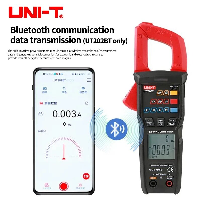 UNI-T New Digital Clamp Meter UT202BT Bluetooth Connection 600A AC/DC